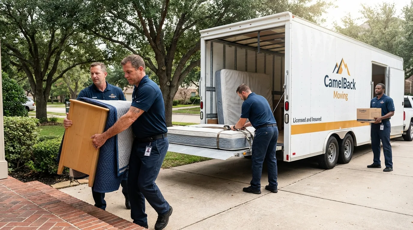 Crew loading residential truck for cross-state move from Simi Valley, CA