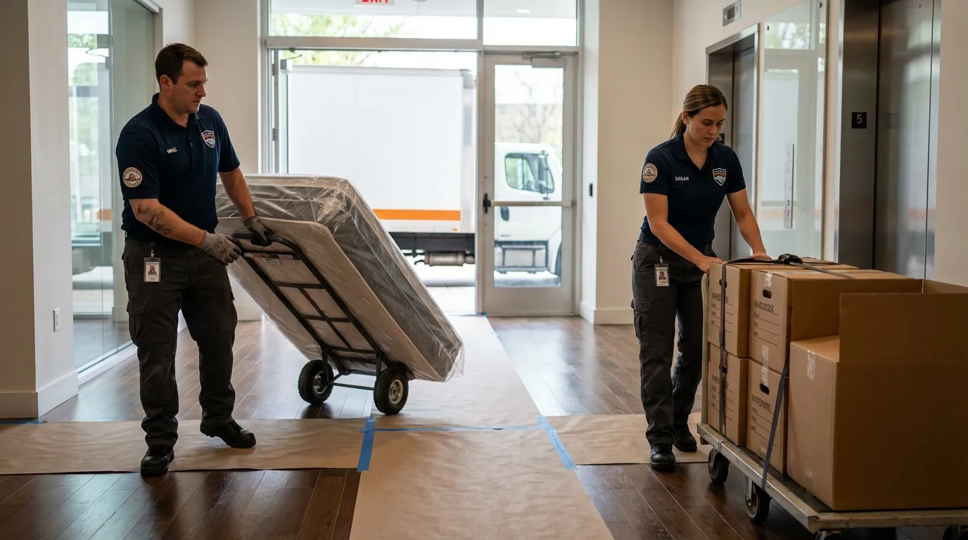 Professional apartment movers loading elevator in Simi Valley, CA